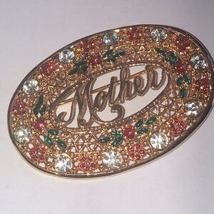 Vintage Gold Tone Mother Brooch with CZ Accents